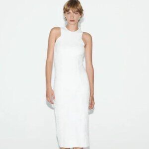 NWT Zara Women’s White Fitted Floral Jacquard Dress Size L Large